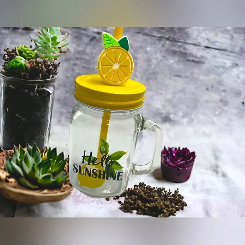 Hello Sunshine l 16 oz. l Mason Jar l w/ Decorative Lemon Straw l New